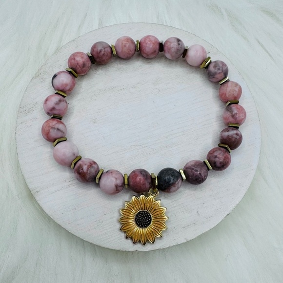 Pink Beaded Bracelet w/ Sunflower Charm - Picture 5 of 5